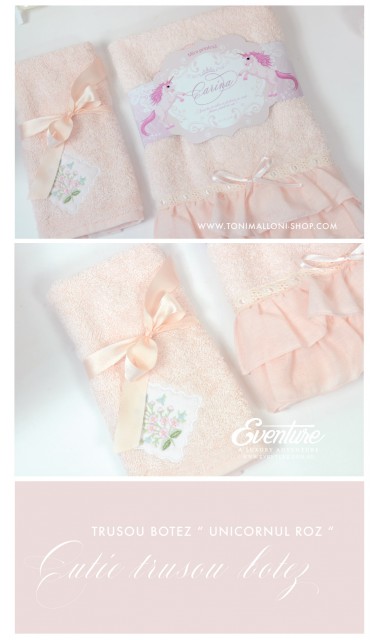 Trusou de botez personalizat si brodat pentru fetite cu unicornii, Povesti cu unicorni 2